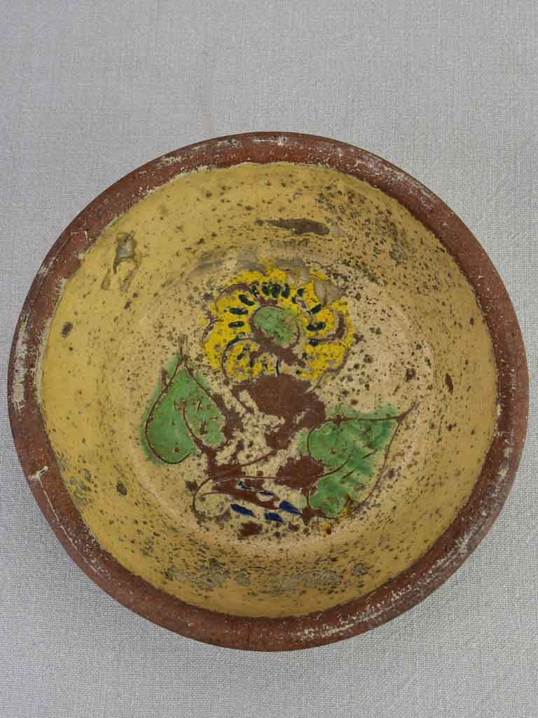 Antique French terracotta bowl with flowers 9¾"