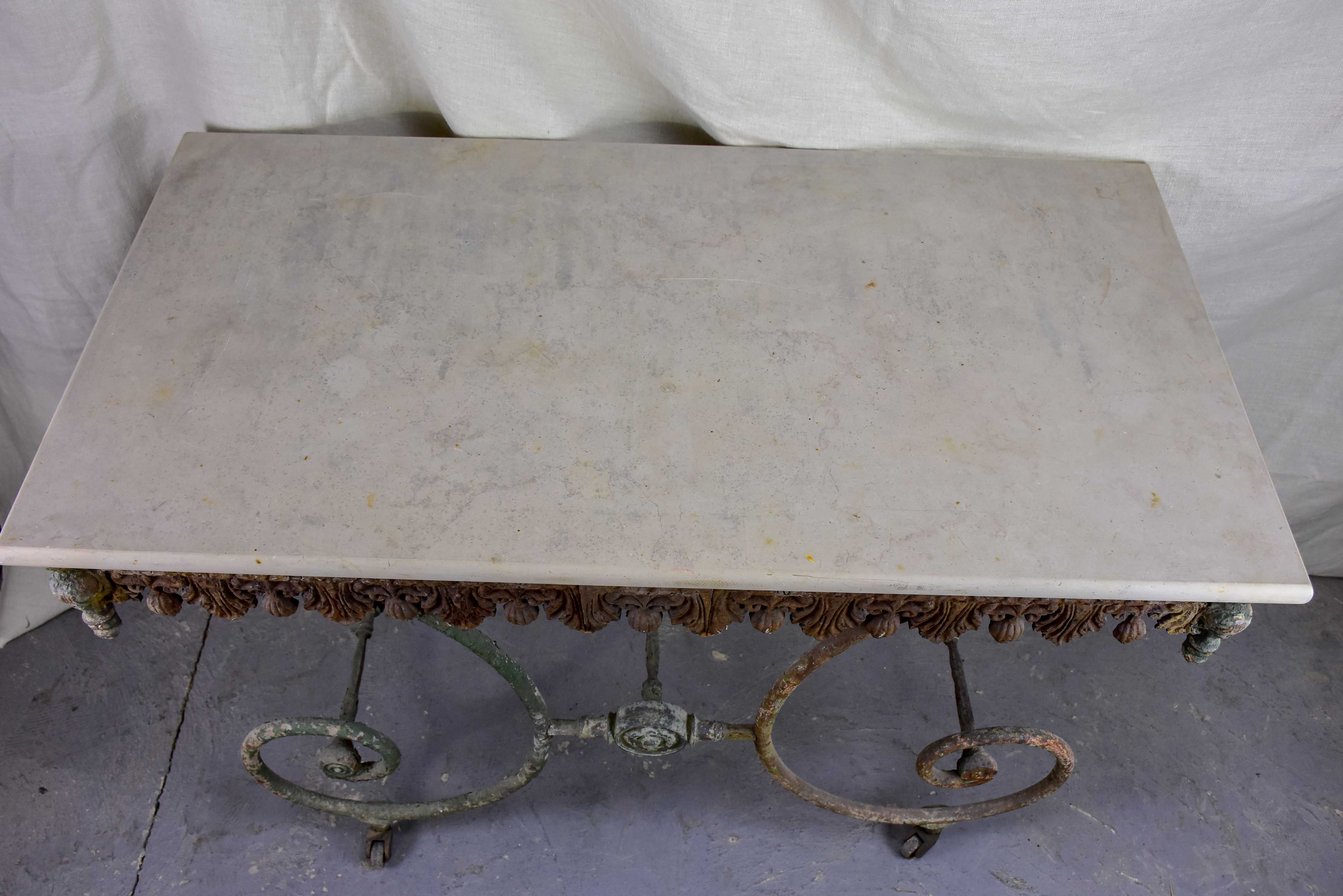 19th Century French butcher's table with marble top and wheels