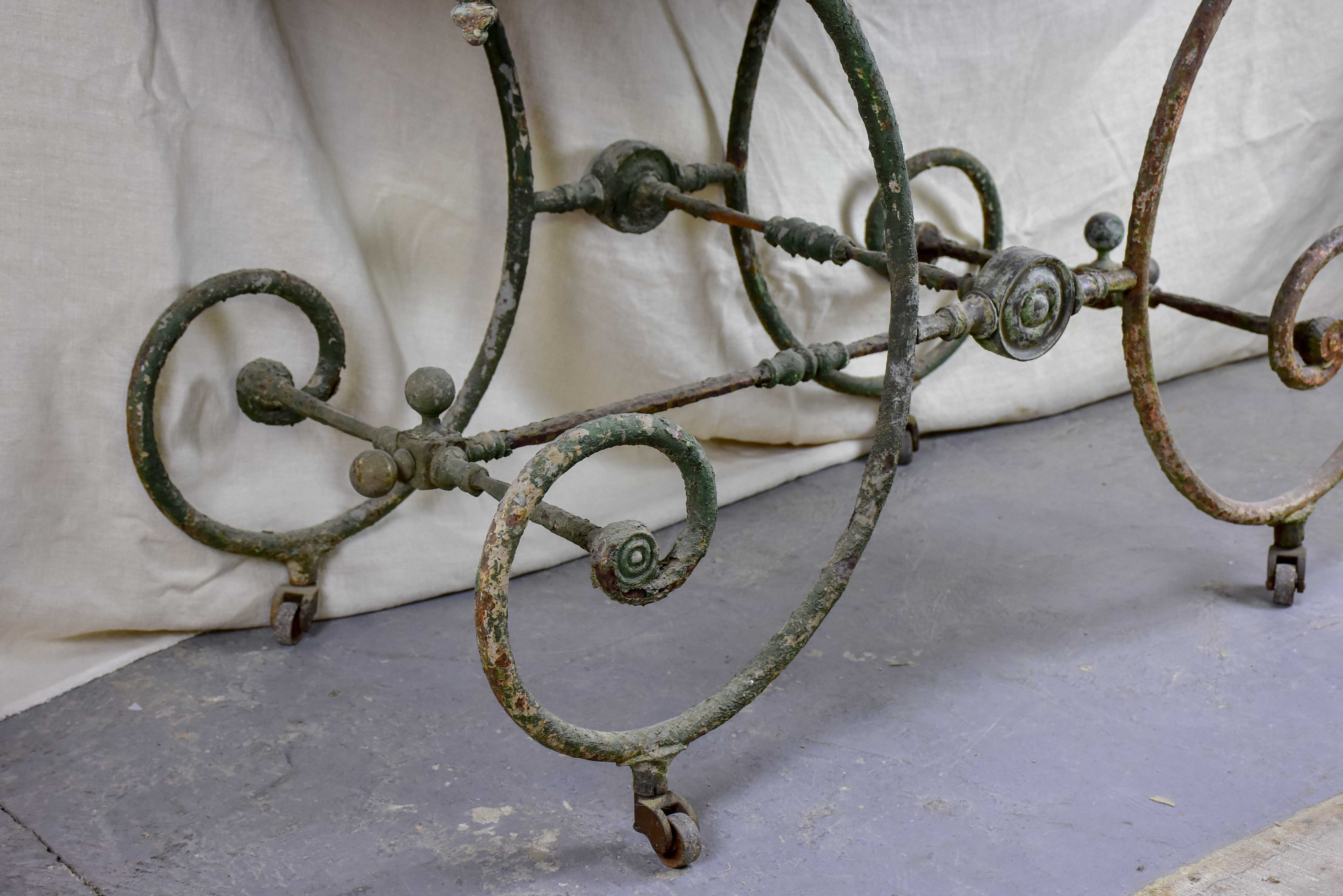 19th Century French butcher's table with marble top and wheels