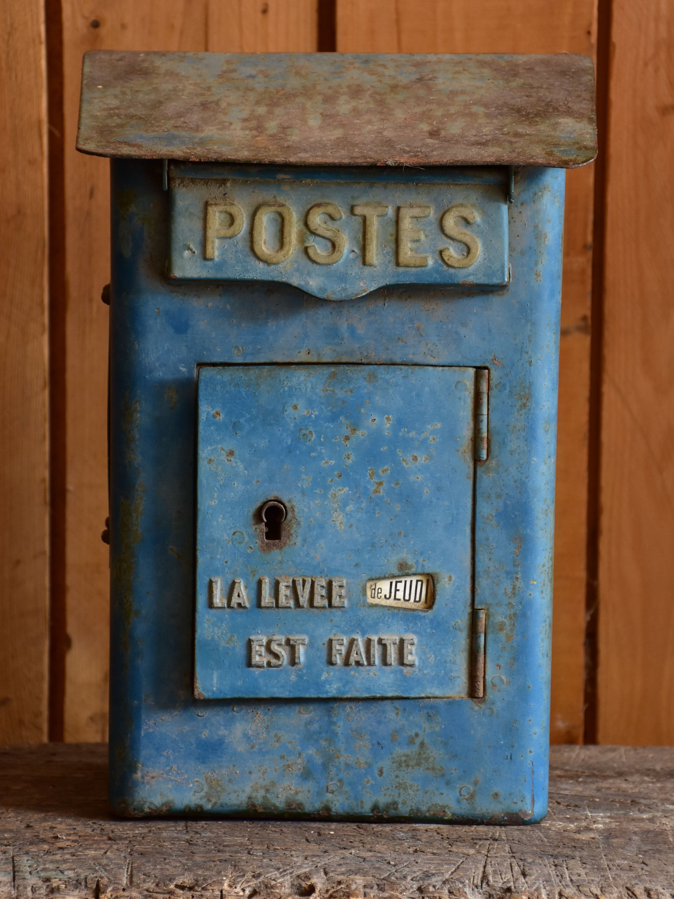 Antique French letter box with blue patina