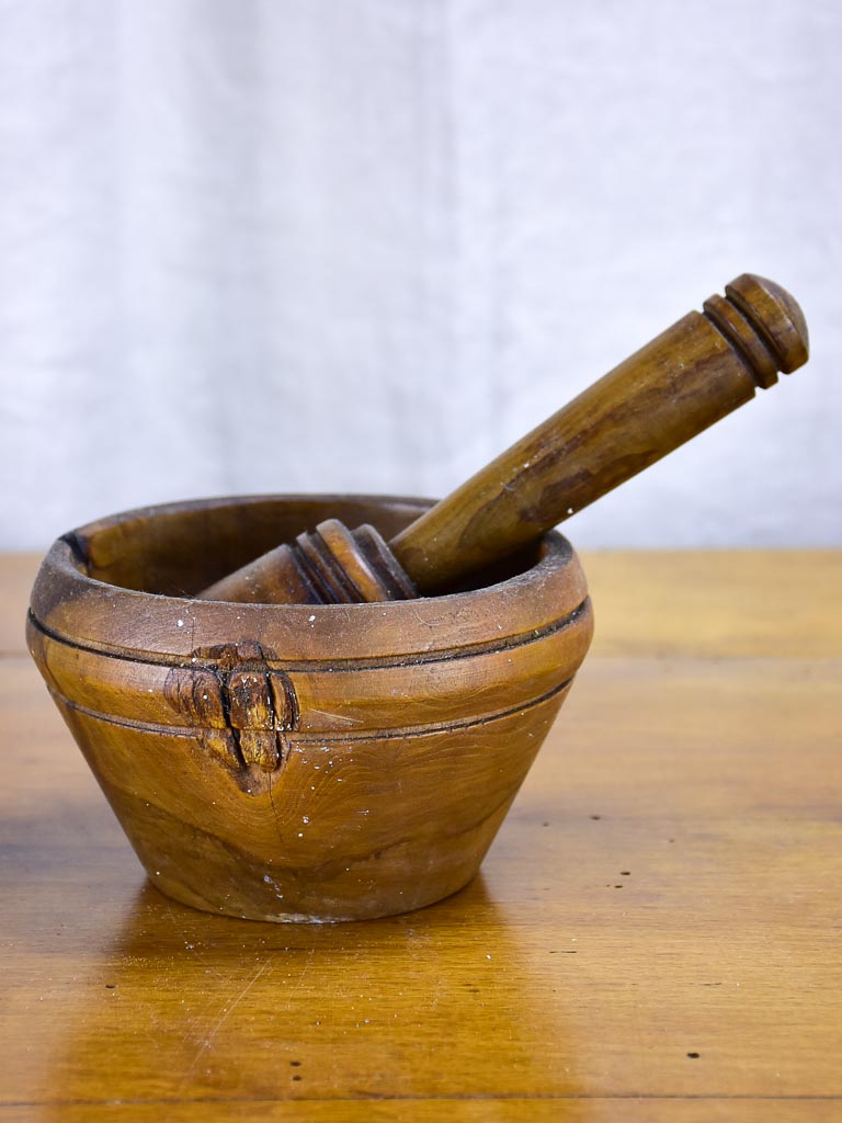 Antique French wooden mortar and pestle