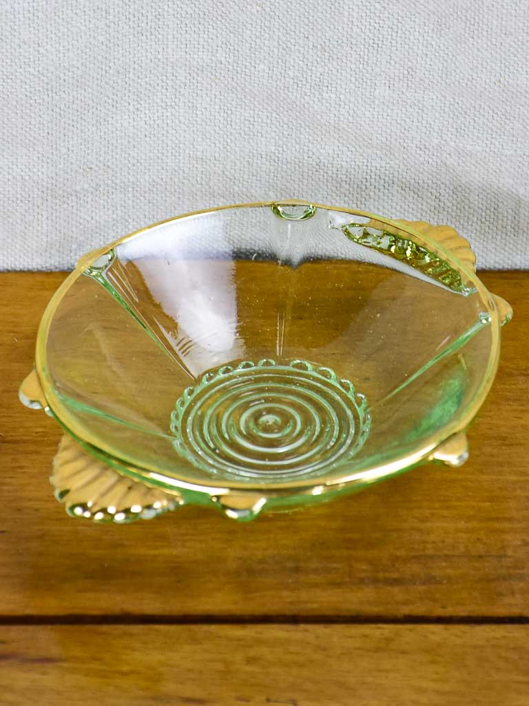 Art Deco Fruit salad serving bowl with eight dishes - green and gold glass