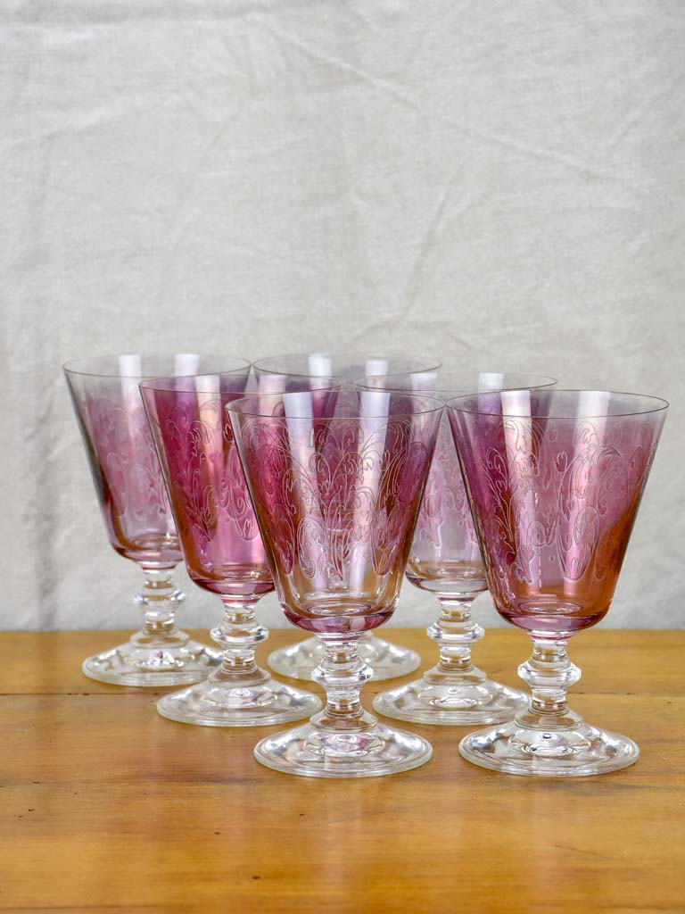 Set of six vintage engraved wine glasses