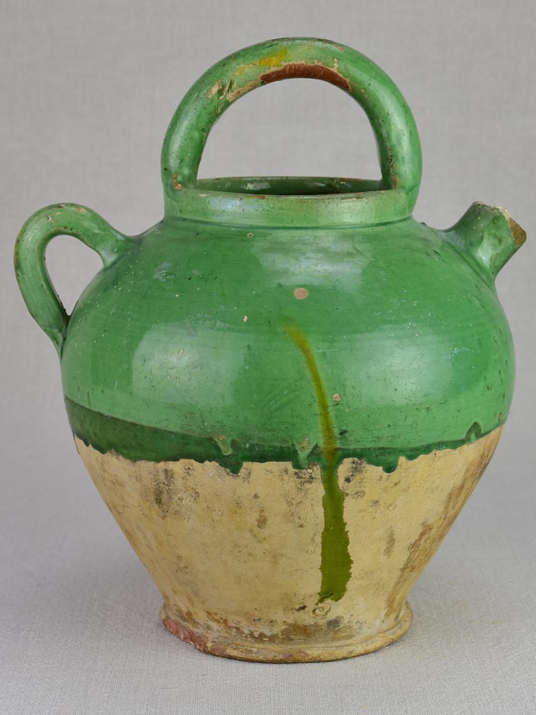 Early twentieth century French water pitcher with green glaze 11½"