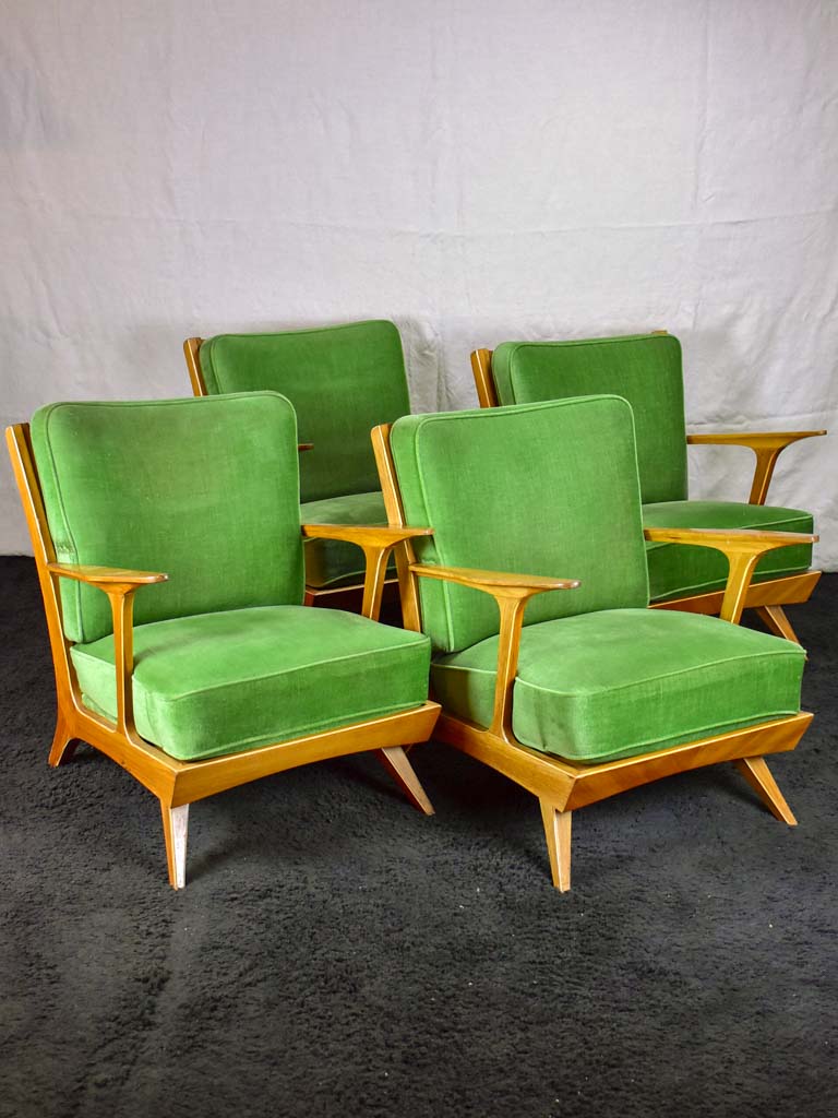 Set of four 1960's Scandinavian armchairs with green velour upholstery