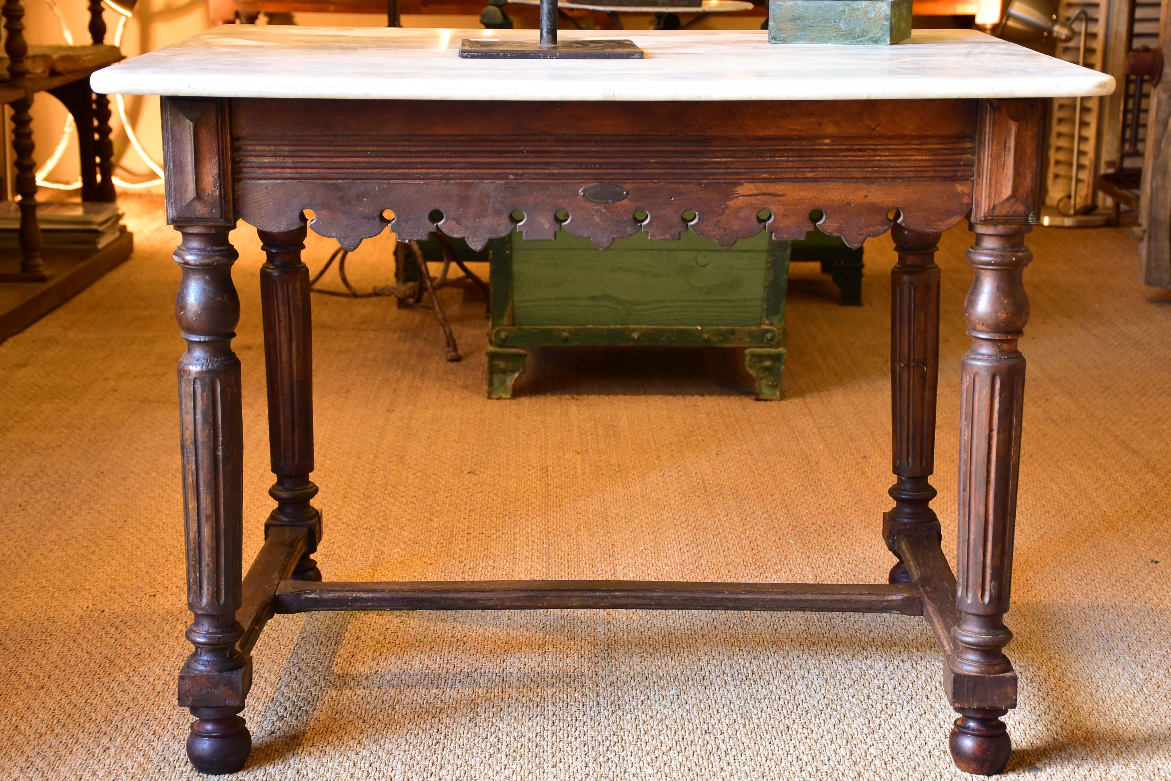 Antique French butcher’s display table with marble top