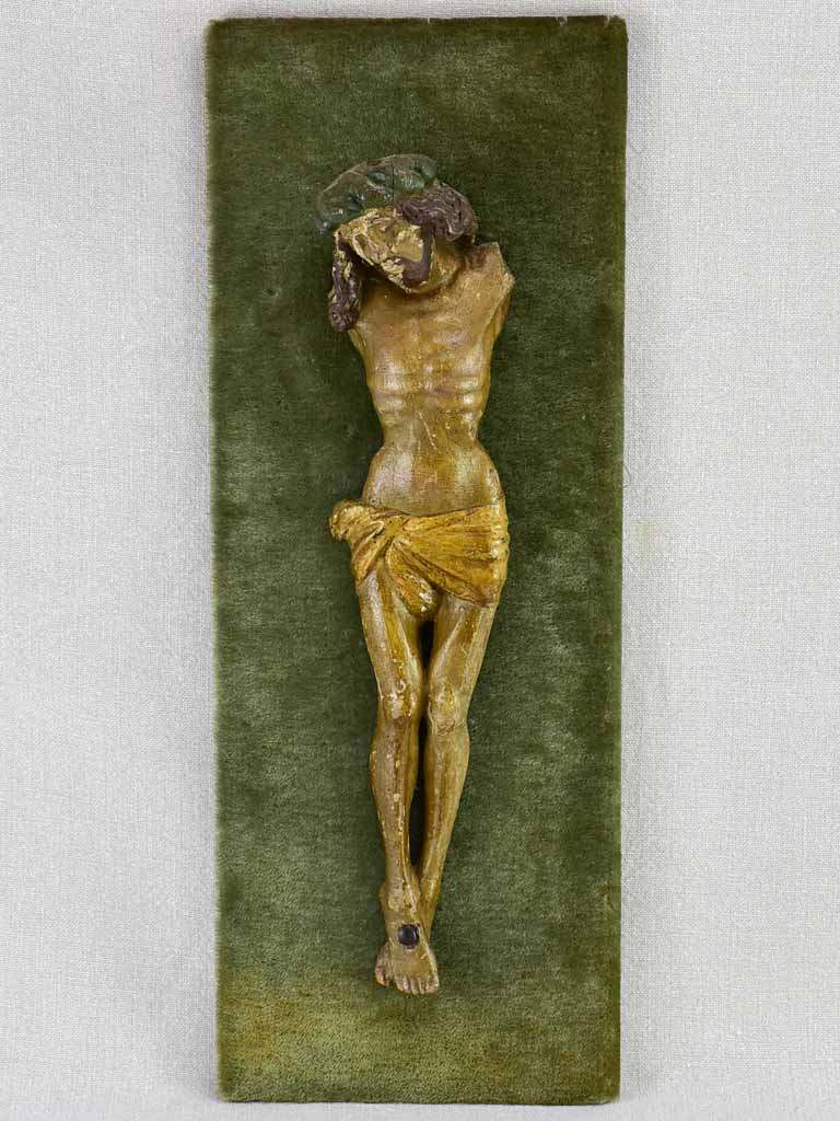 18th Century carved statue of Christ on green velour 21¼" x 8"
