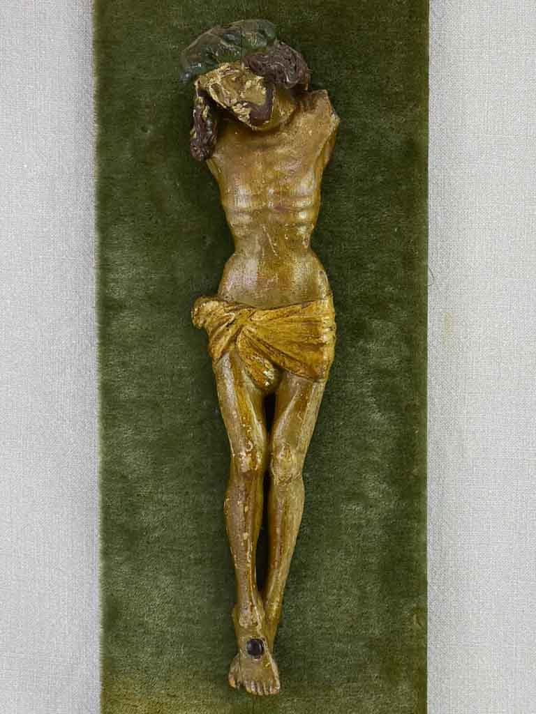 18th Century carved statue of Christ on green velour 21¼" x 8"