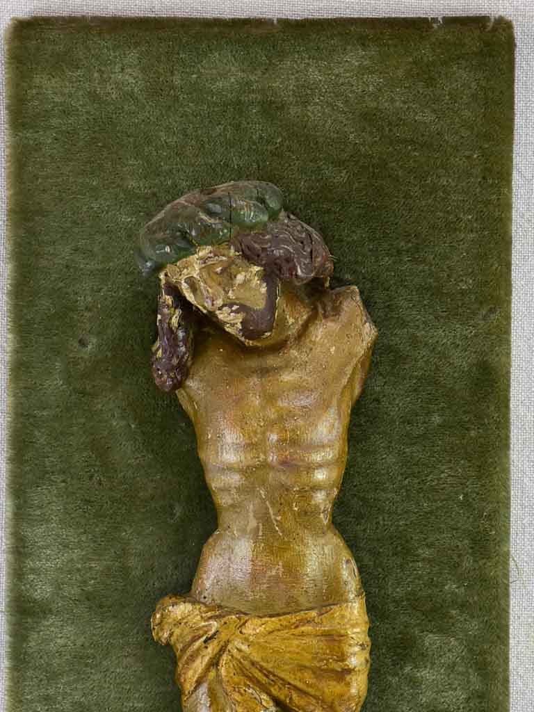 18th Century carved statue of Christ on green velour 21¼" x 8"