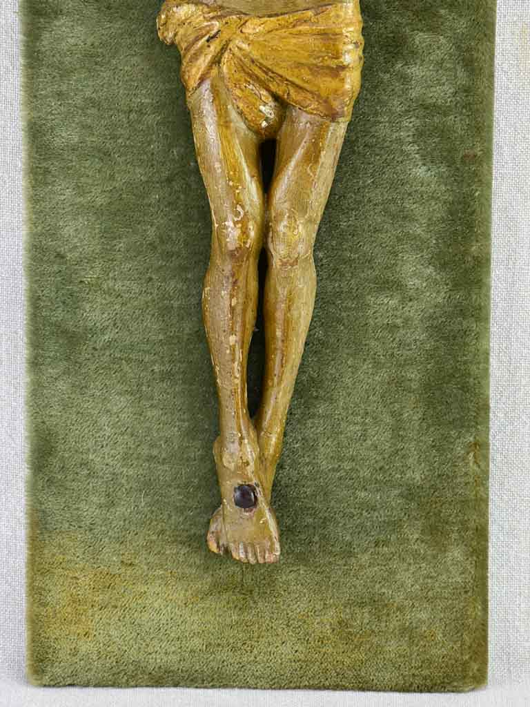 18th Century carved statue of Christ on green velour 21¼" x 8"