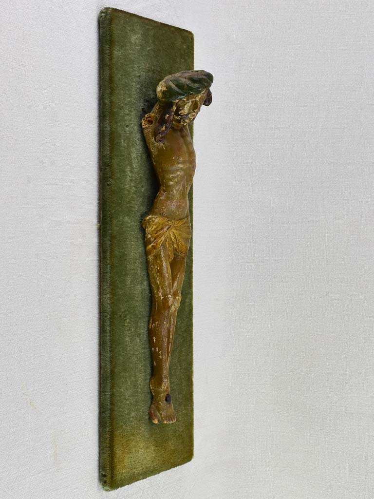 18th Century carved statue of Christ on green velour 21¼" x 8"