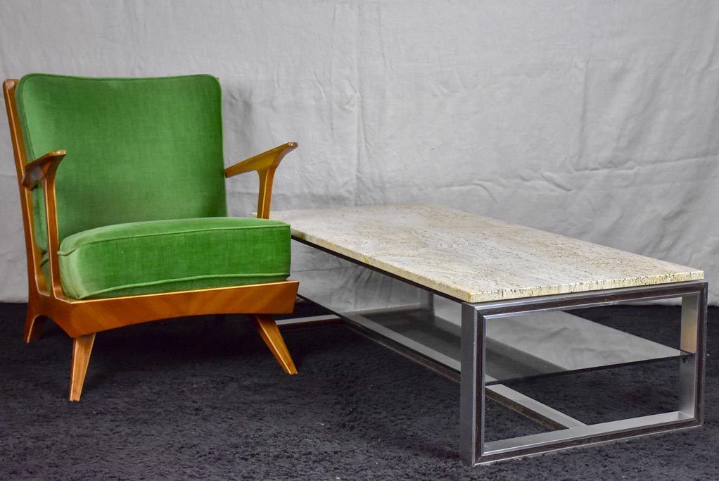 1970's travertine, glass, chrome coffee table - Michel Ducaroy