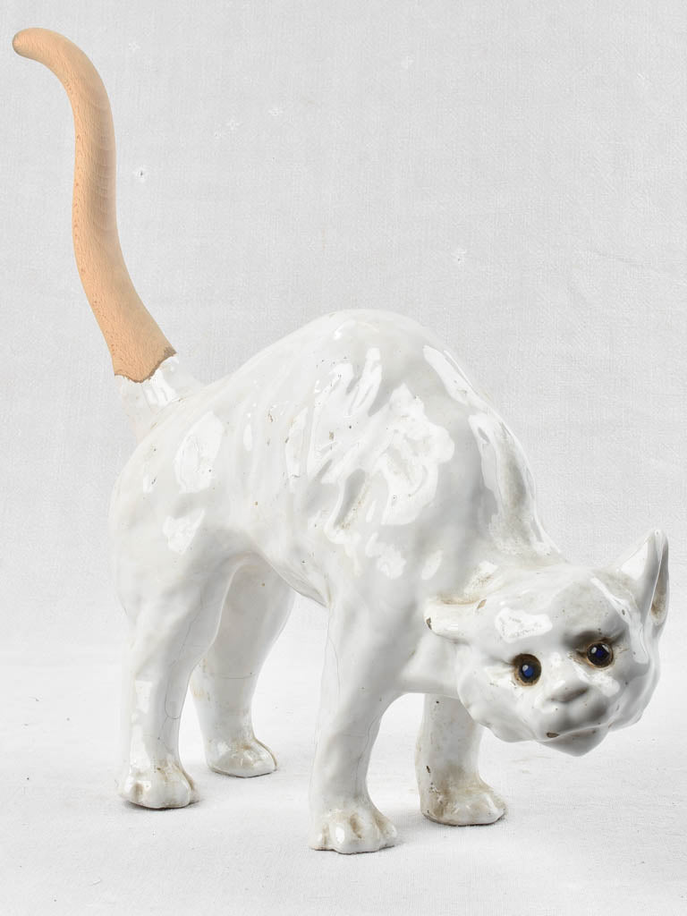 Antique French white cat - roof sculpture attributed to La Poterie du Mesnil de Bavent 17"