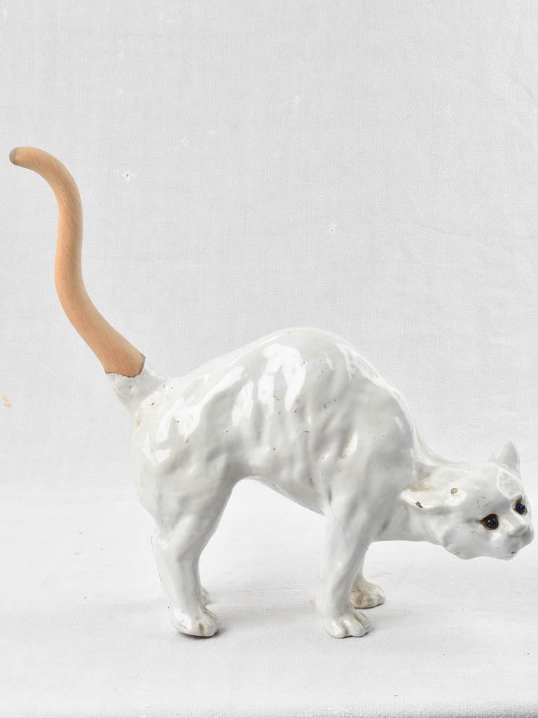 Antique French white cat - roof sculpture attributed to La Poterie du Mesnil de Bavent 17"