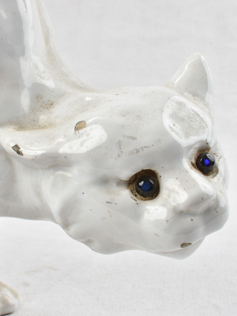 Antique French white cat - roof sculpture attributed to La Poterie du Mesnil de Bavent 17"