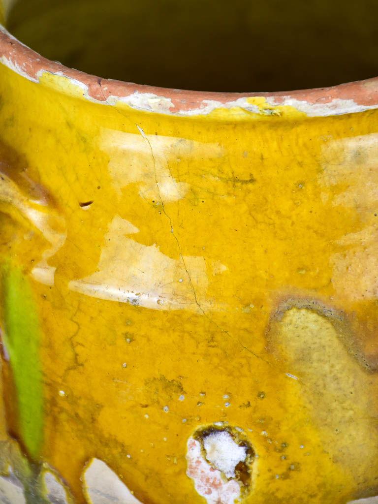 Antique French confit pot with yellow and green glaze 10¾"