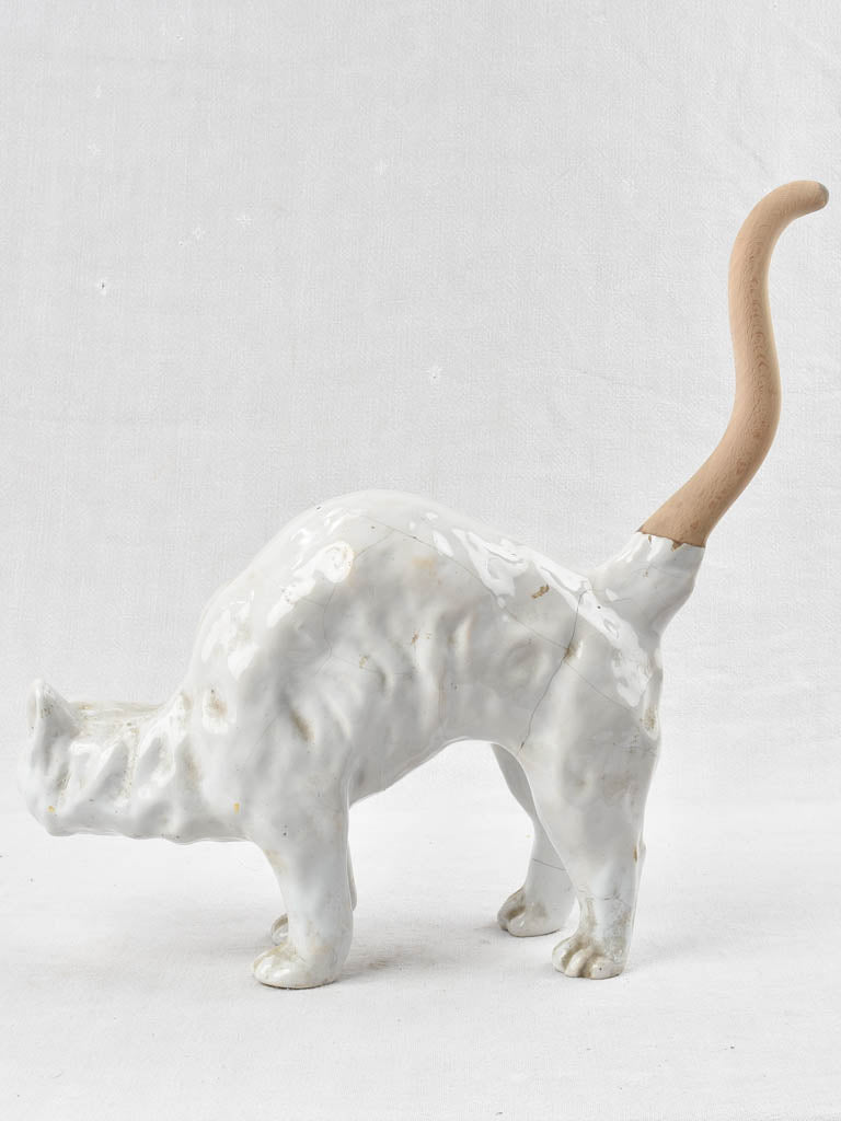 Antique French white cat - roof sculpture attributed to La Poterie du Mesnil de Bavent 17"