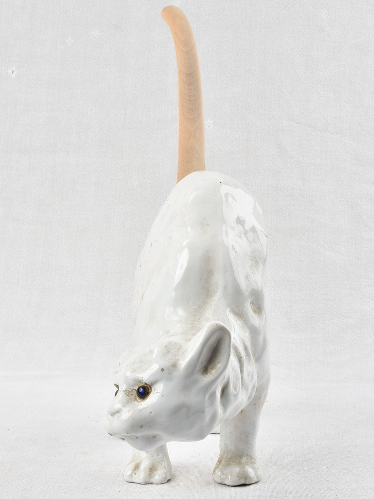 Antique French white cat - roof sculpture attributed to La Poterie du Mesnil de Bavent 17"