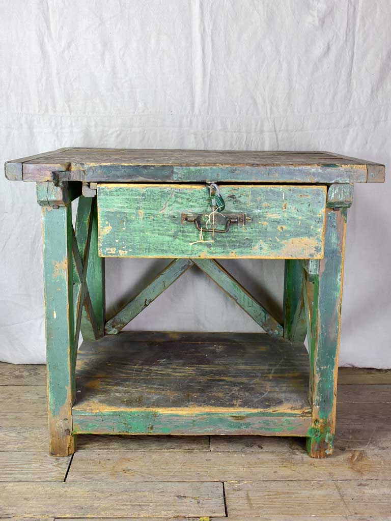 Superb early 20th Century work table with original green patina, cross bracing and drawer 31½ x 39¾""