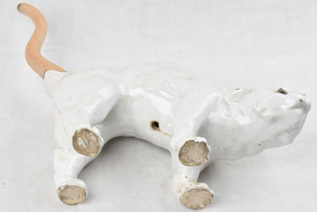 Antique French white cat - roof sculpture attributed to La Poterie du Mesnil de Bavent 17"
