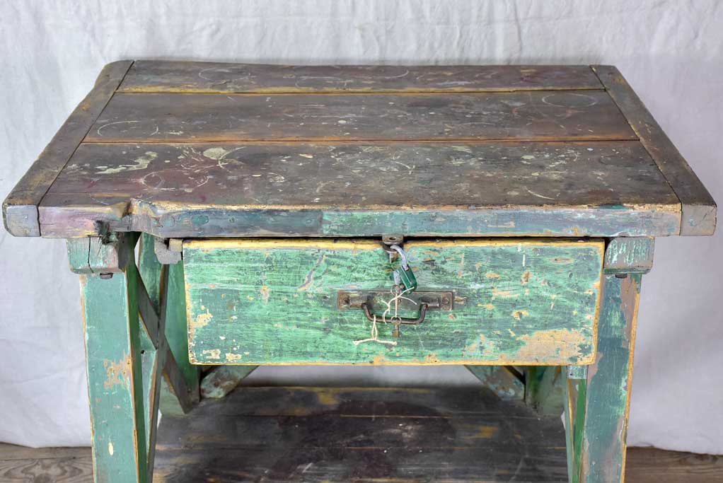 Superb early 20th Century work table with original green patina, cross bracing and drawer 31½ x 39¾""