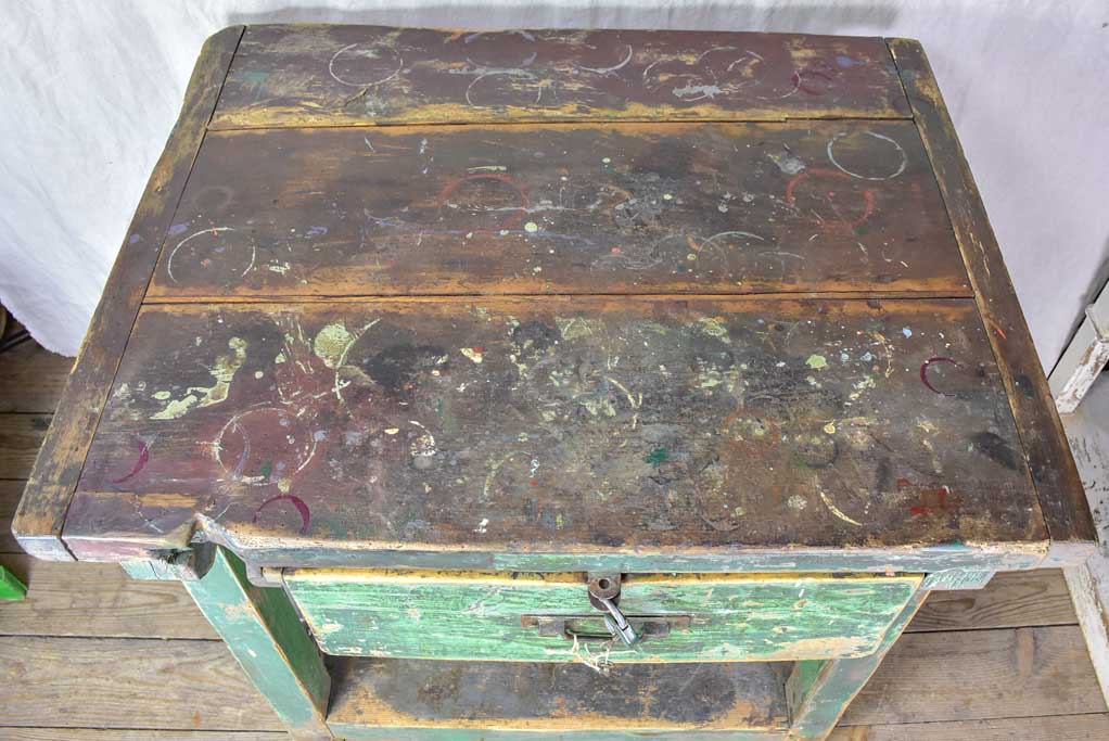 Superb early 20th Century work table with original green patina, cross bracing and drawer 31½ x 39¾""