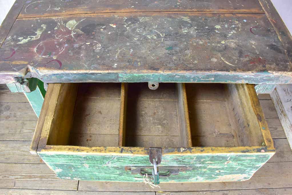 Superb early 20th Century work table with original green patina, cross bracing and drawer 31½ x 39¾""