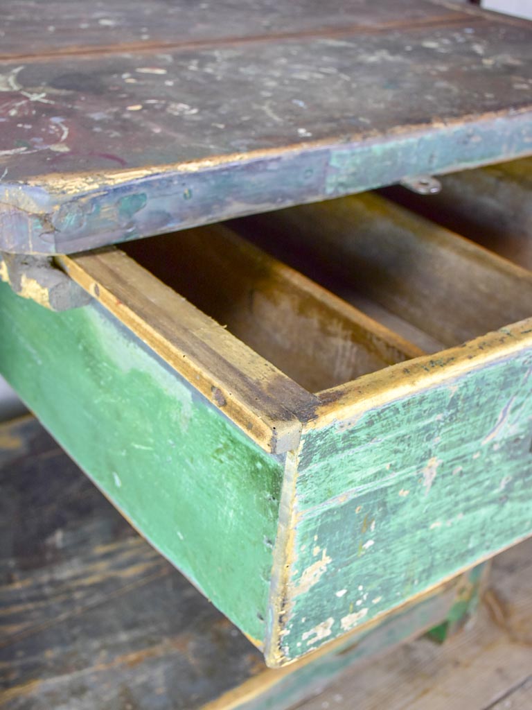 Superb early 20th Century work table with original green patina, cross bracing and drawer 31½ x 39¾""
