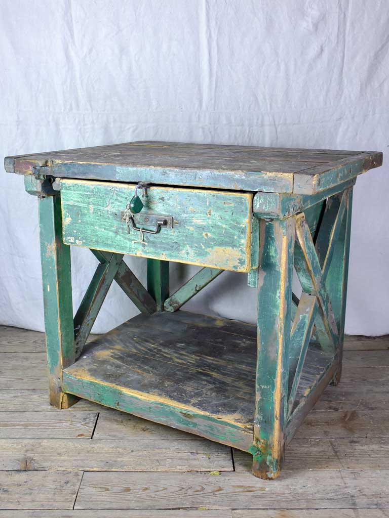 Superb early 20th Century work table with original green patina, cross bracing and drawer 31½ x 39¾""