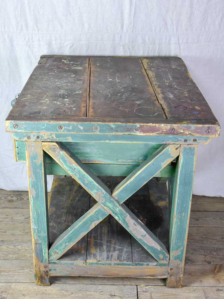 Superb early 20th Century work table with original green patina, cross bracing and drawer 31½ x 39¾""