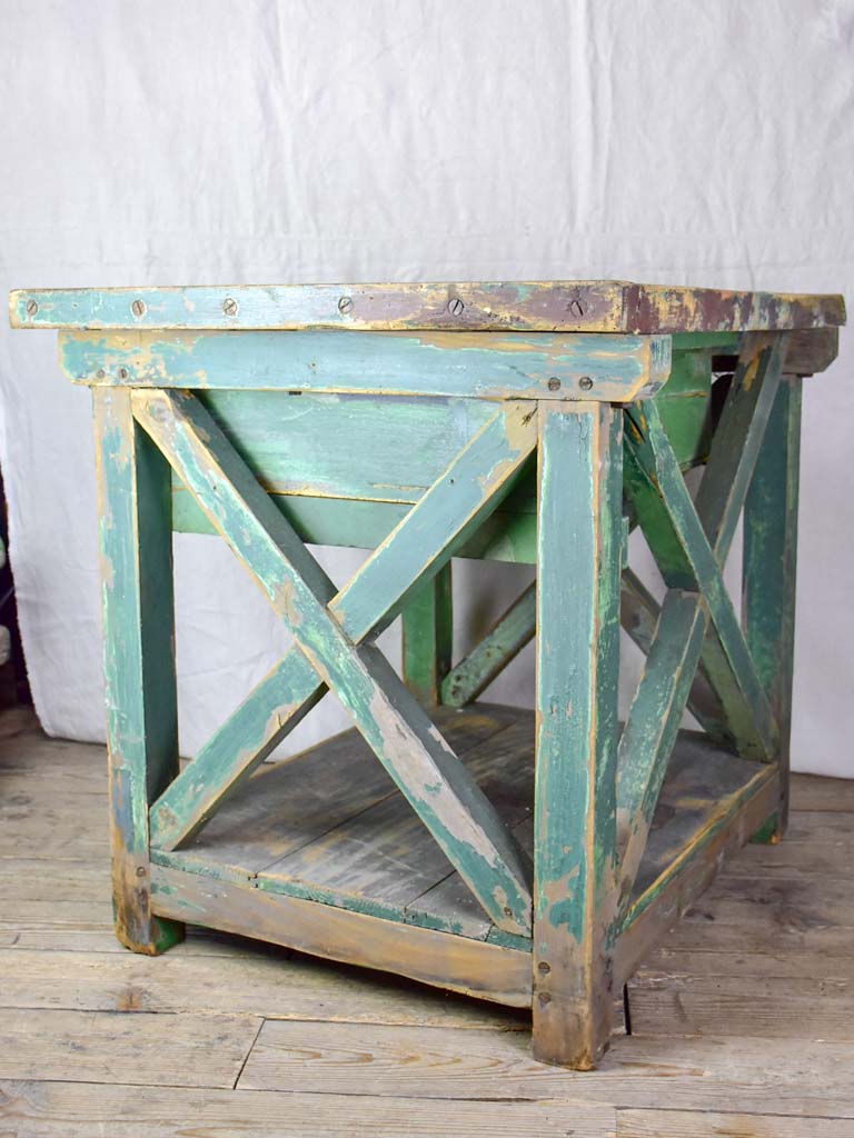 Superb early 20th Century work table with original green patina, cross bracing and drawer 31½ x 39¾""