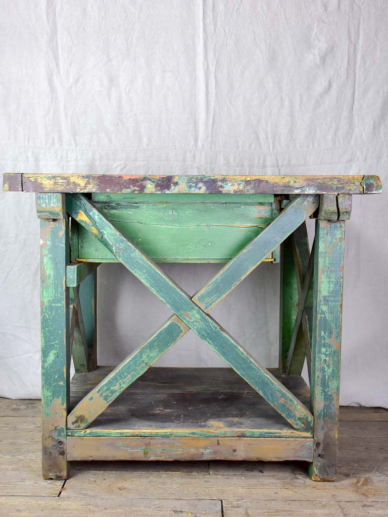 Superb early 20th Century work table with original green patina, cross bracing and drawer 31½ x 39¾""