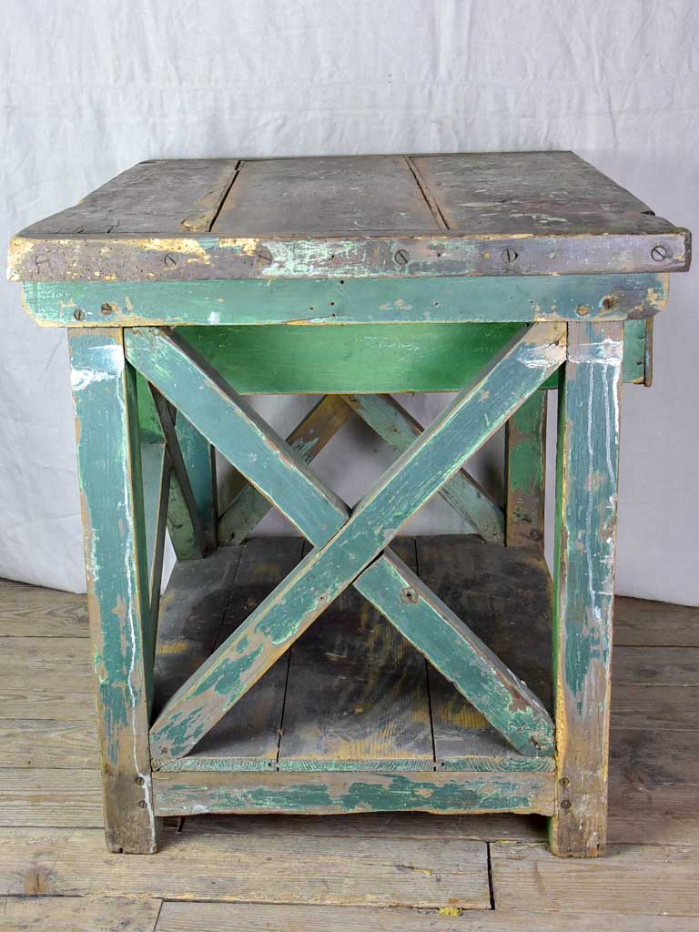 Superb early 20th Century work table with original green patina, cross bracing and drawer 31½ x 39¾""