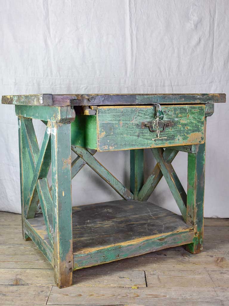 Superb early 20th Century work table with original green patina, cross bracing and drawer 31½ x 39¾""