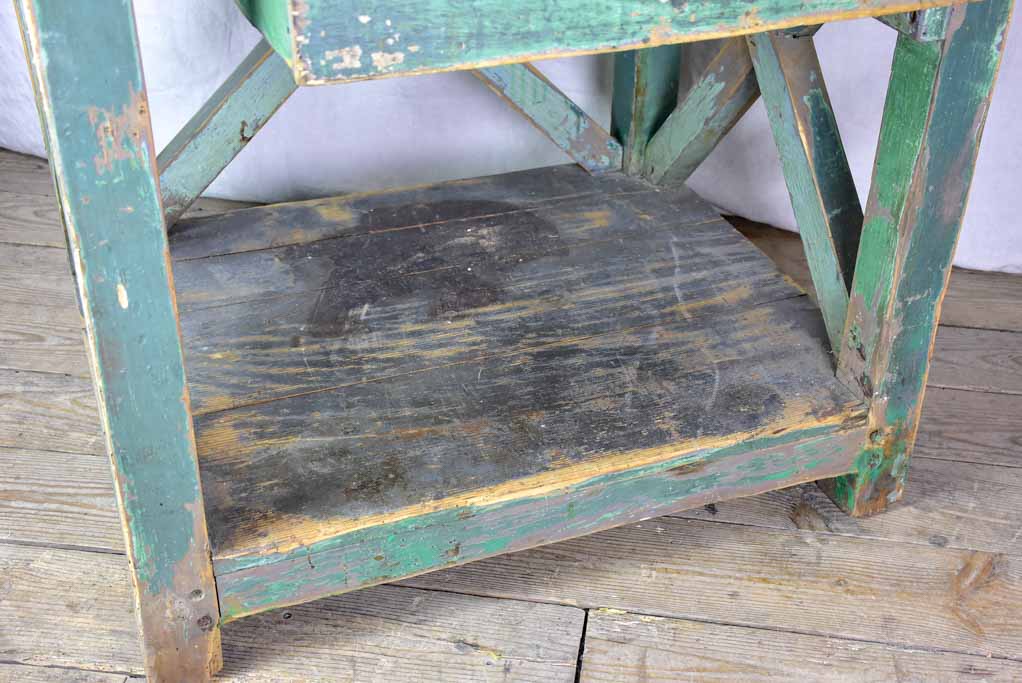 Superb early 20th Century work table with original green patina, cross bracing and drawer 31½ x 39¾""