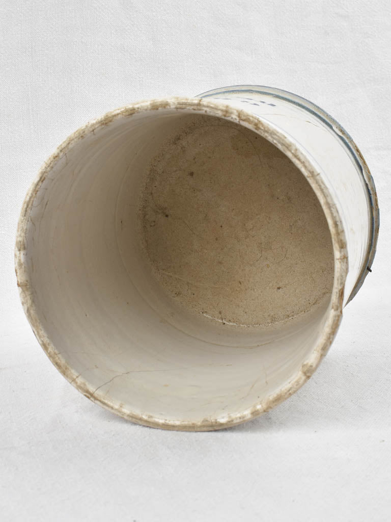 French earthenware preserving pot with blue stripes - Graisse Blanche 8"