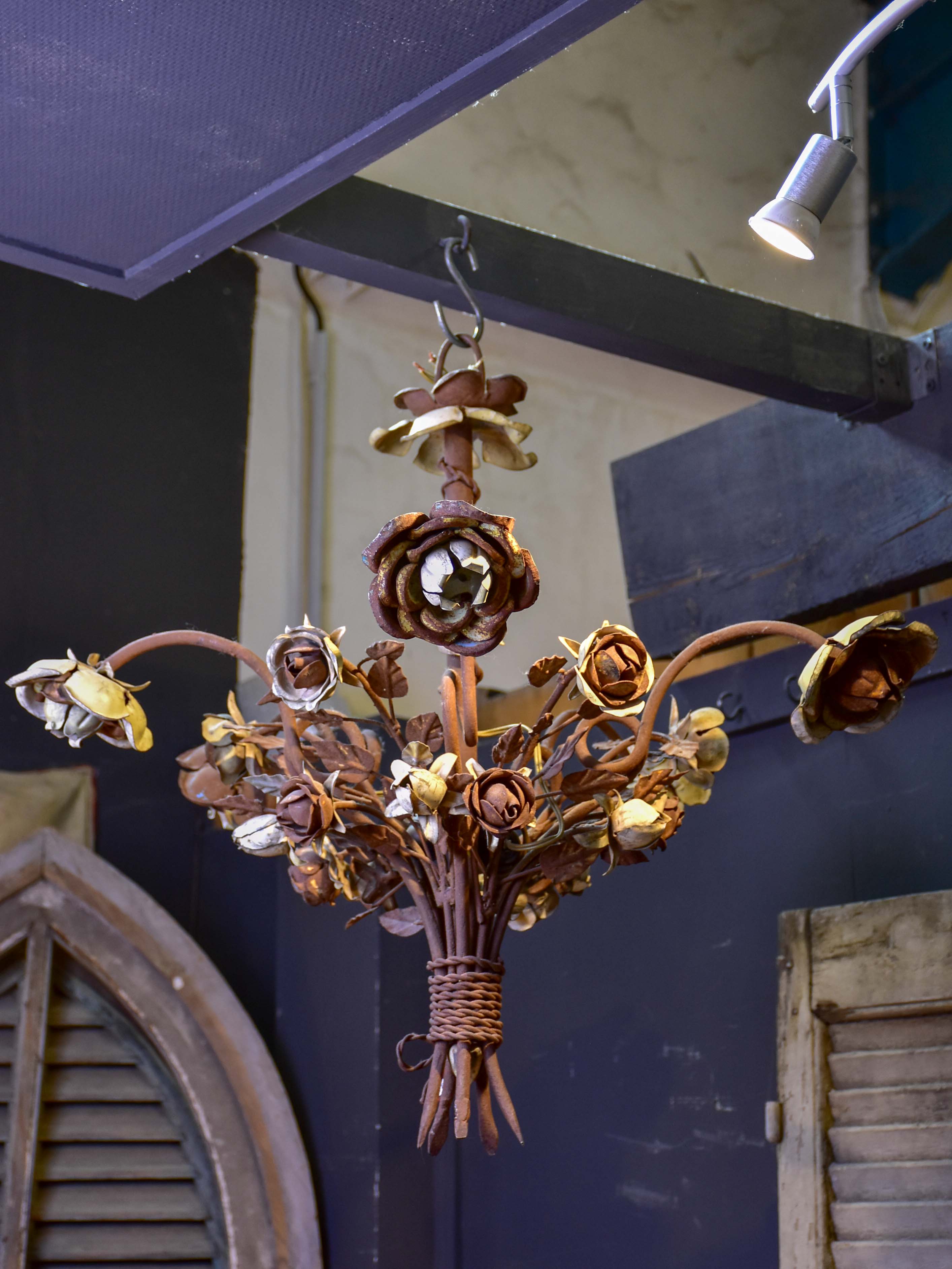 Antique French wrought iron and tole pendant with flowers