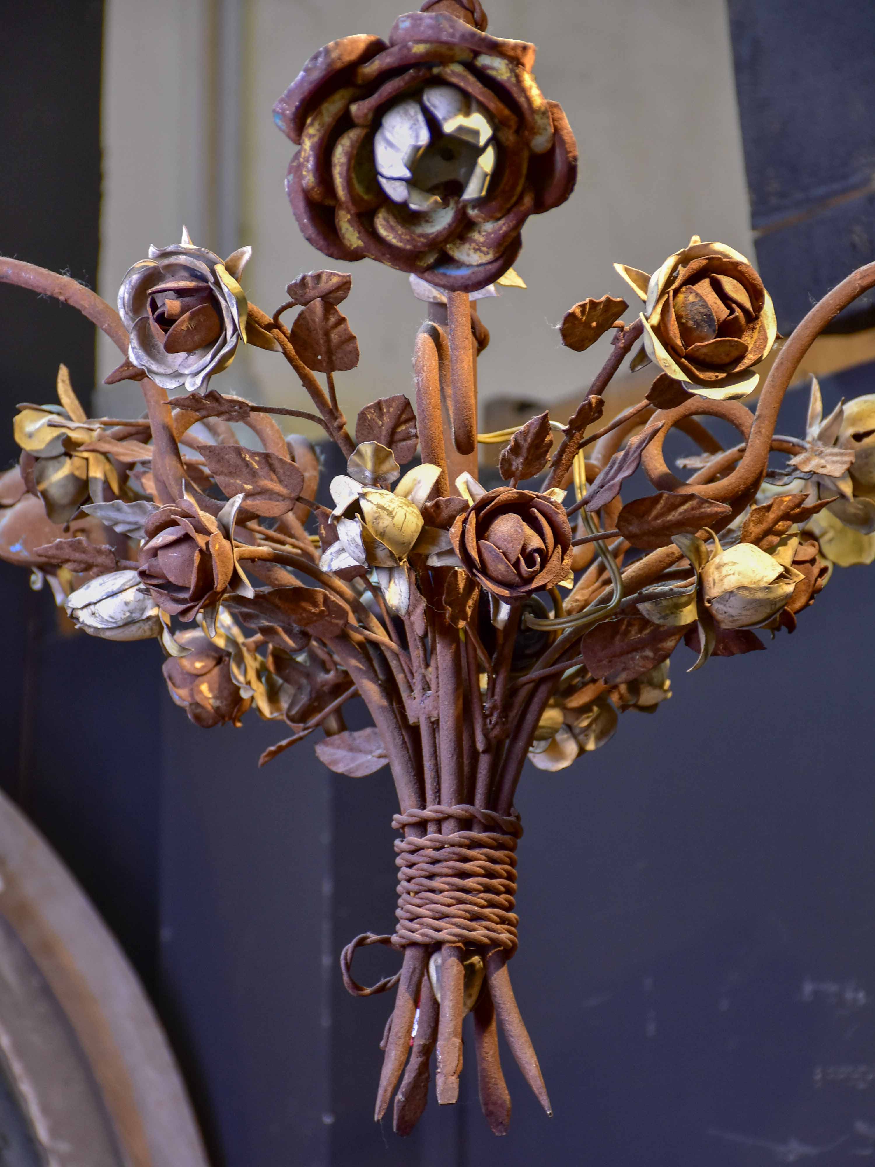 Antique French wrought iron and tole pendant with flowers
