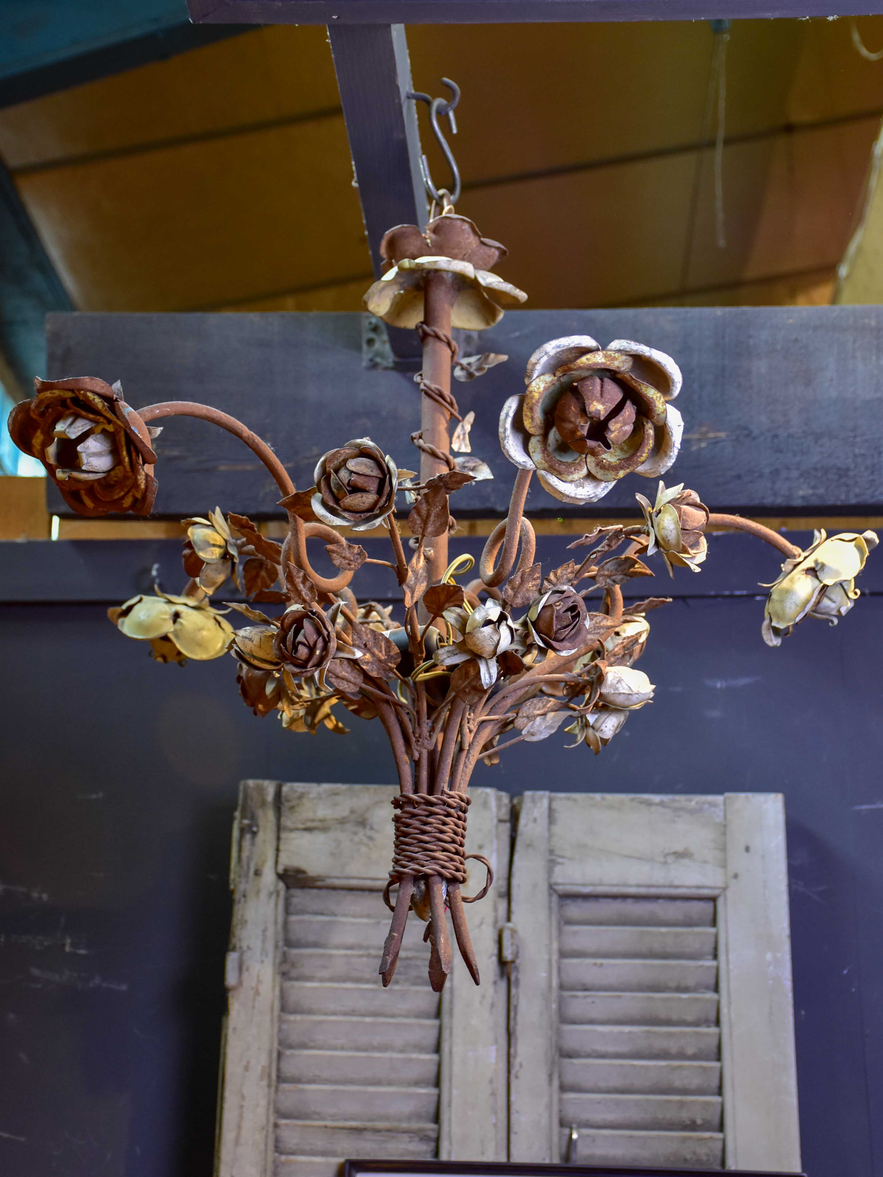 Antique French wrought iron and tole pendant with flowers