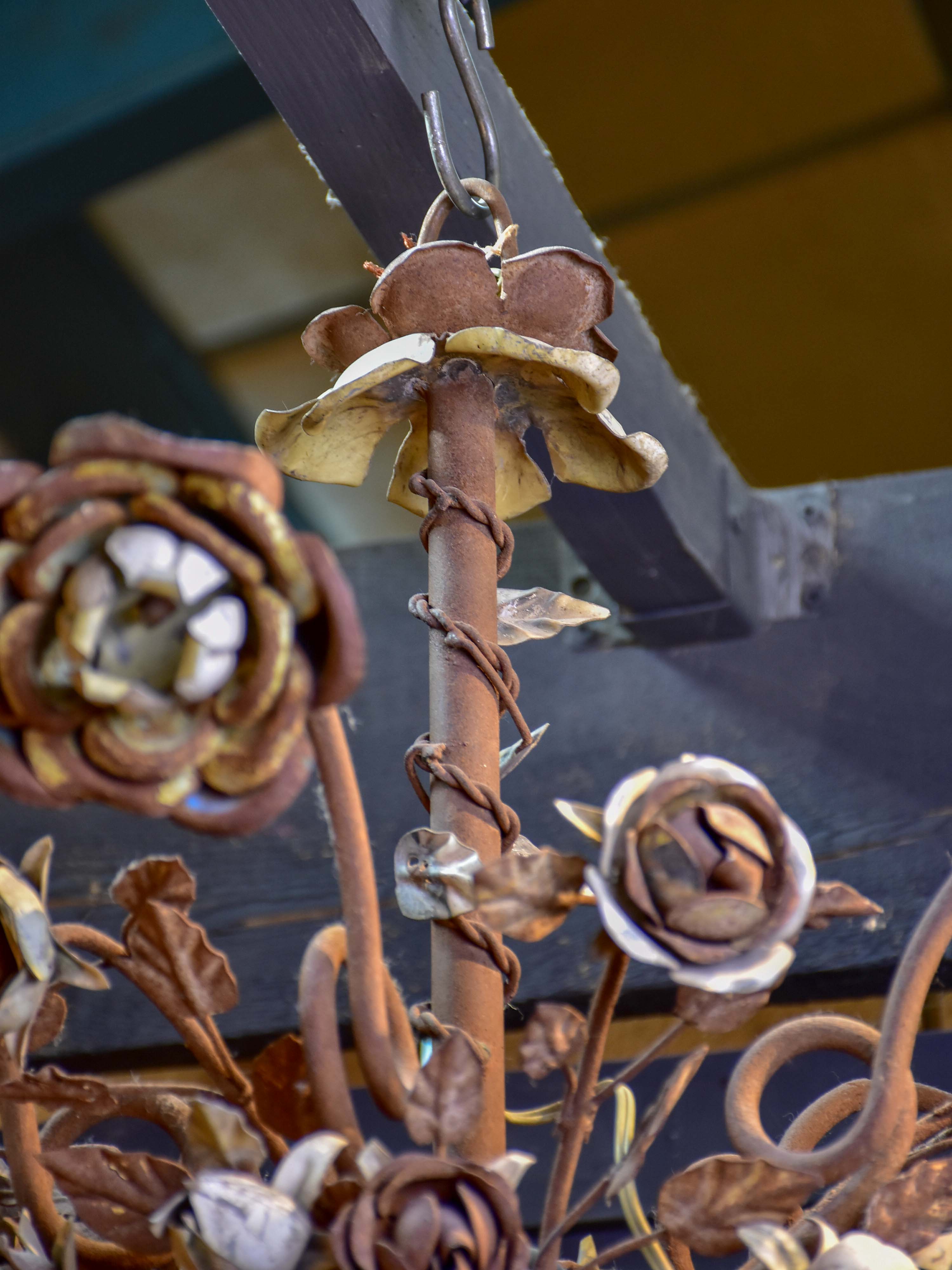 Antique French wrought iron and tole pendant with flowers
