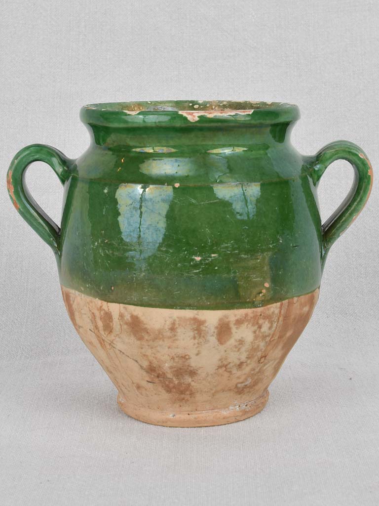 Confit pot, green glaze, antique, small 6¾"