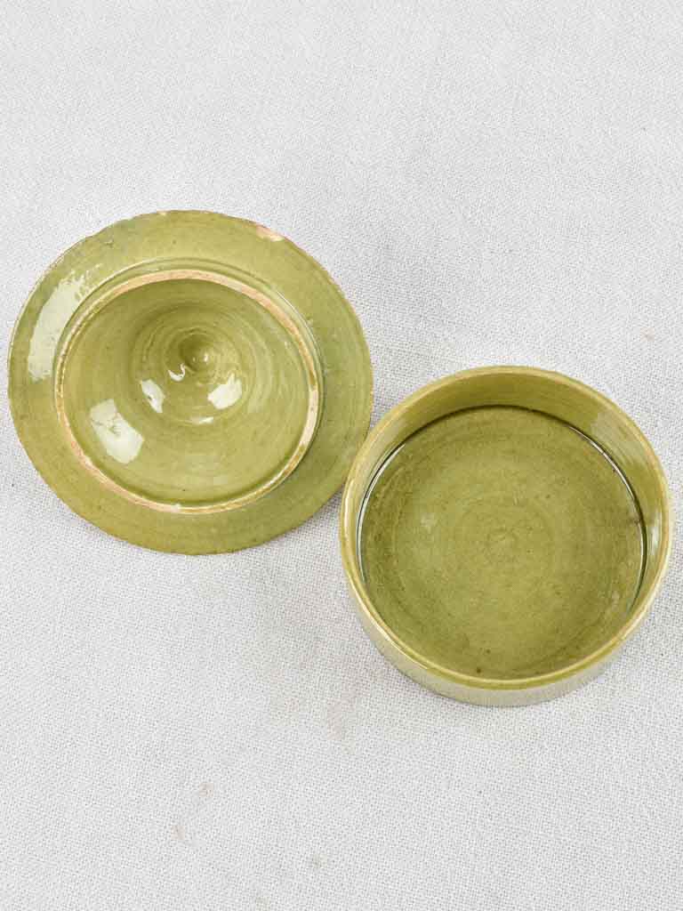 Vintage olive green ramekin with conical lid from Dieulefit 4¾"