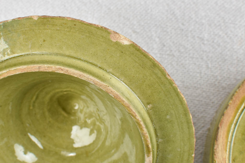 Vintage olive green ramekin with conical lid from Dieulefit 4¾"