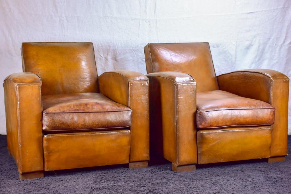 Pair of Art Deco square back French leather club chairs