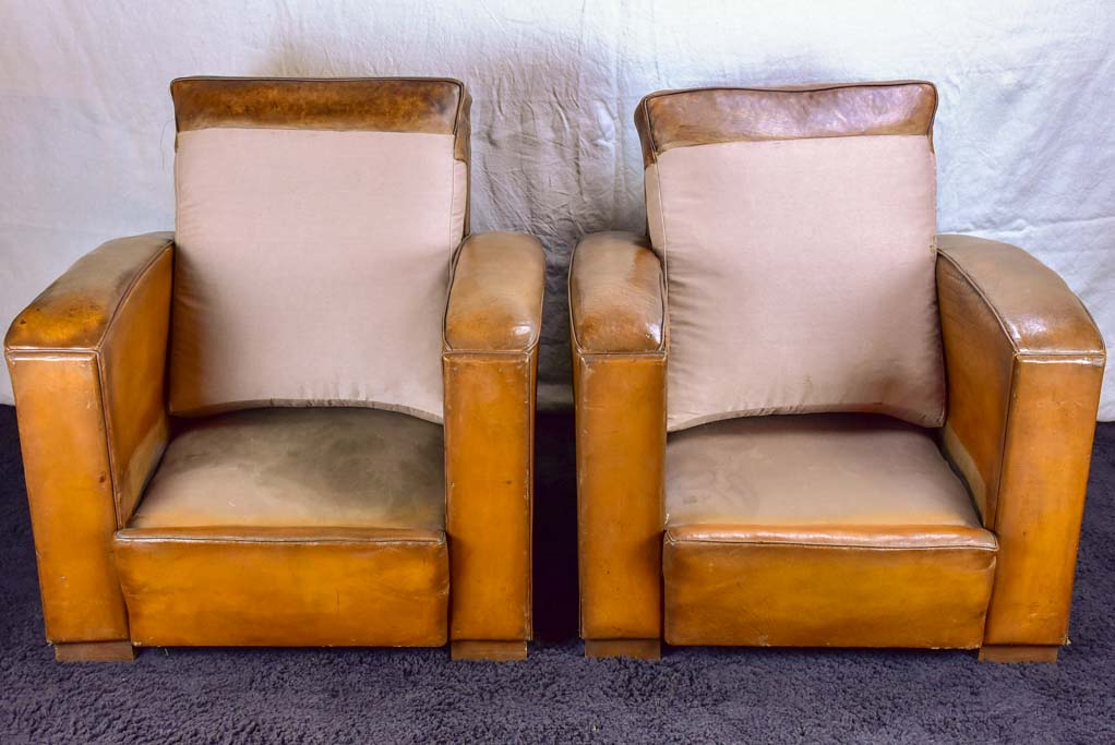 Pair of Art Deco square back French leather club chairs