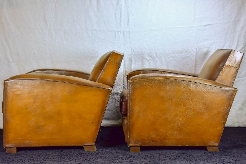 Pair of Art Deco square back French leather club chairs