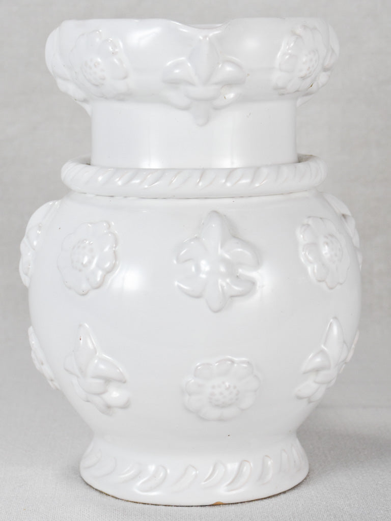 Large 1960s Émile Tessier white ceramic pitcher with fleur de lys 10¼"