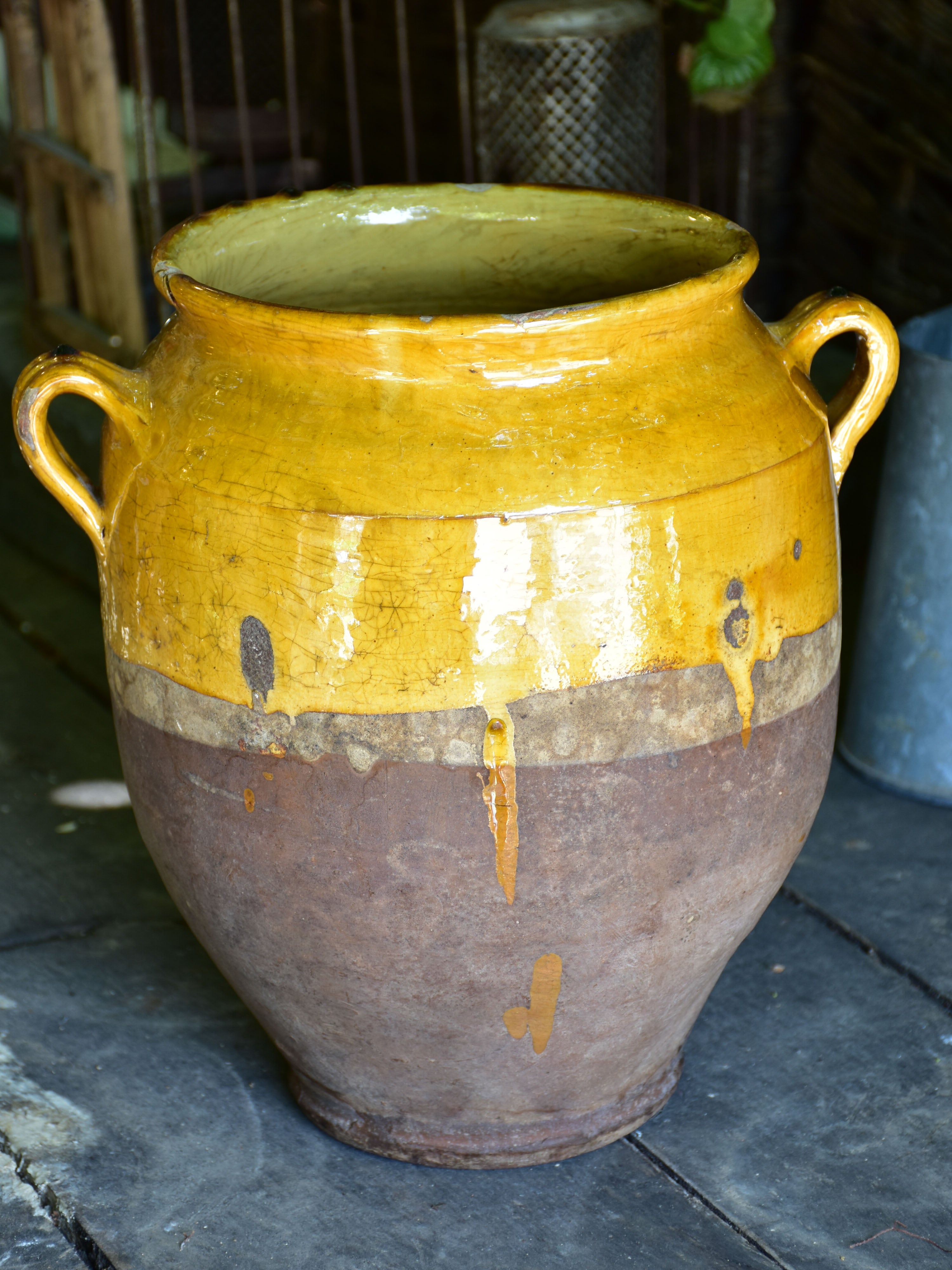 Large 19th century confit pot with ochre glaze