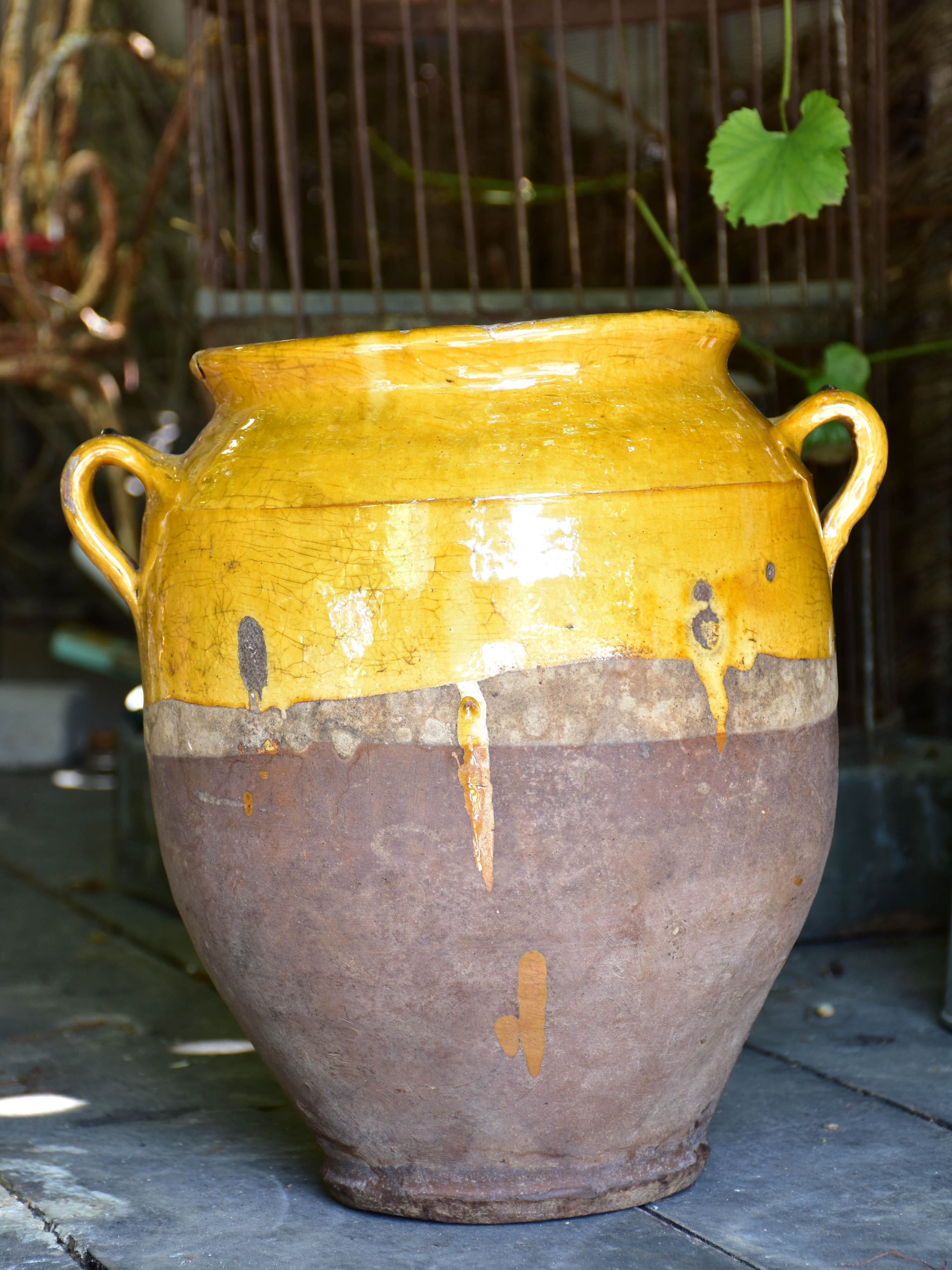 Large 19th century confit pot with ochre glaze