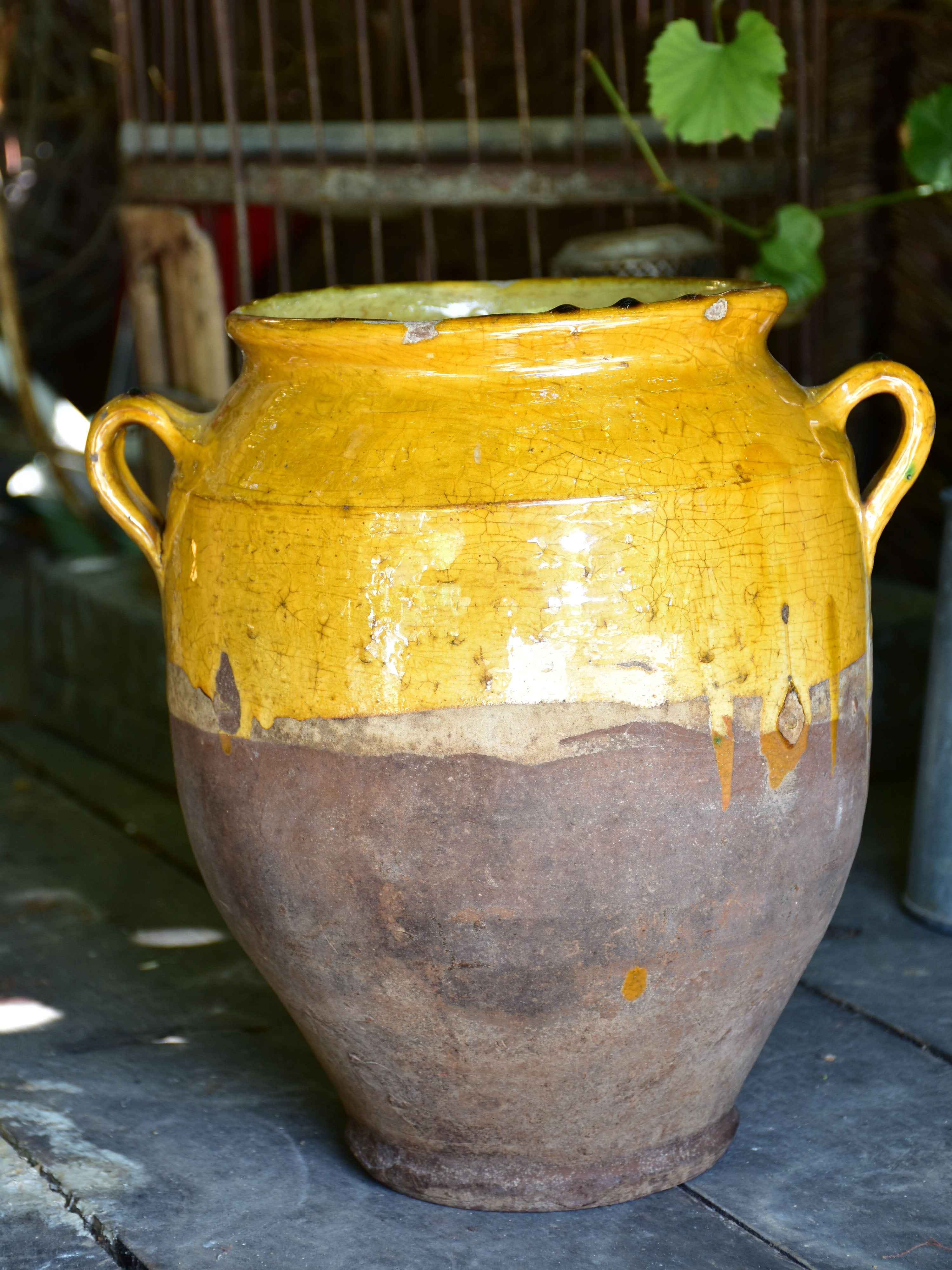Large 19th century confit pot with ochre glaze